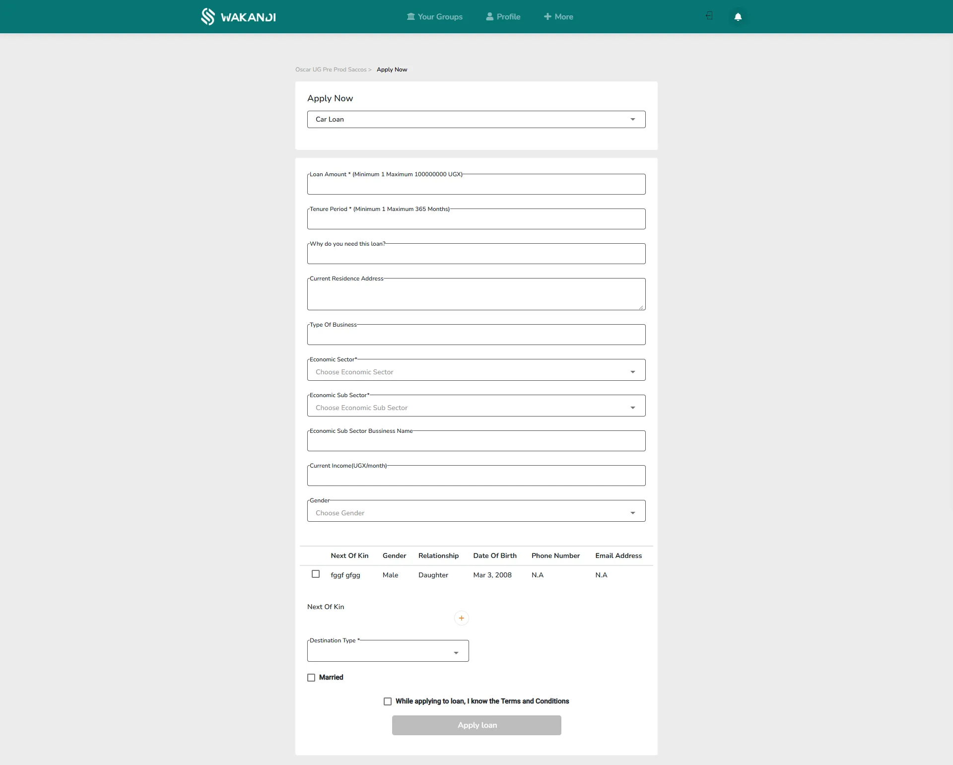 The loan application form after choosing a product: loan amount, tenure period, purpose, economic sector, income, next of kin, destination, and the Terms and Conditions checkbox with Apply loan