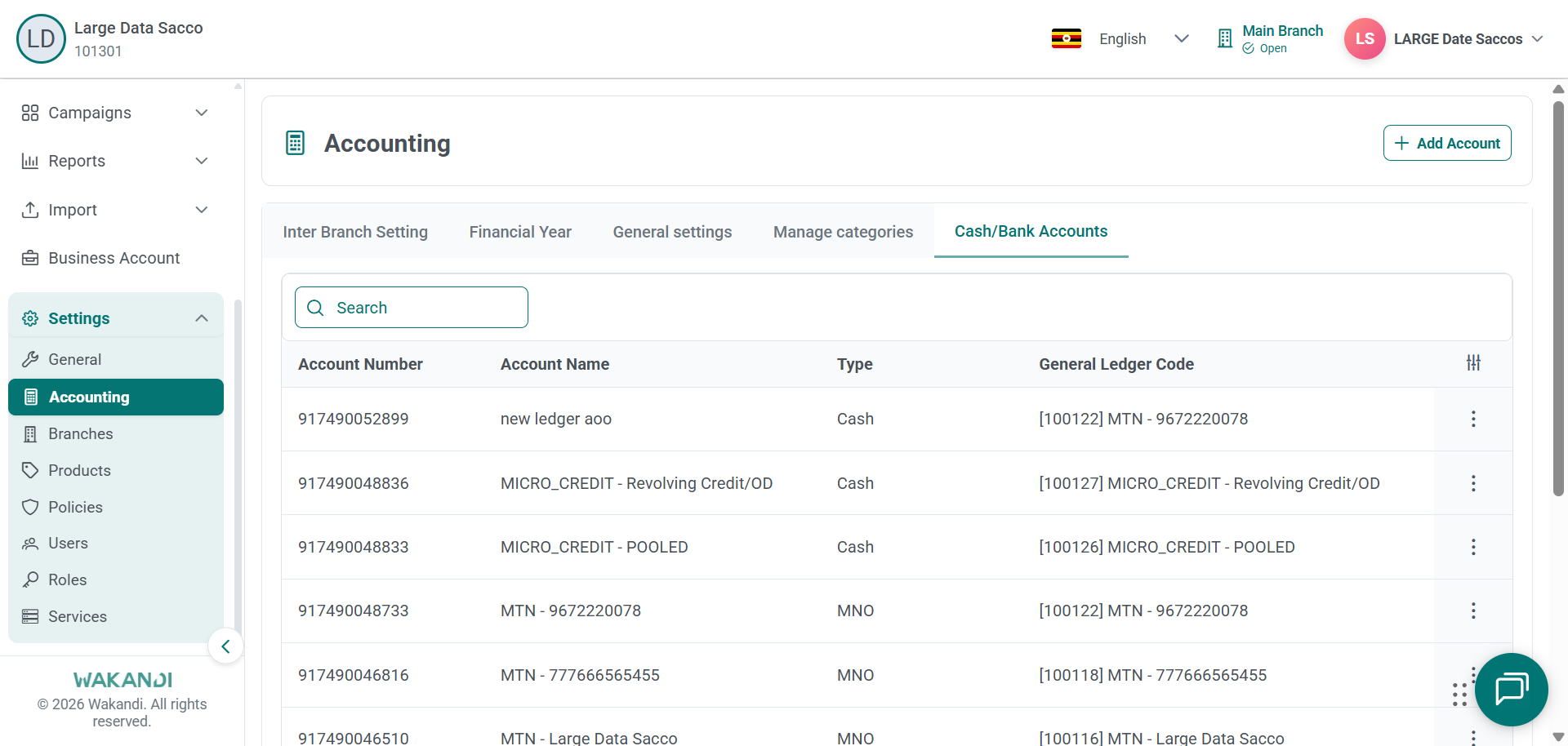 The Settings Accounting page on the Cash/Bank Accounts tab, listing accounts by number, name, type and ledger code