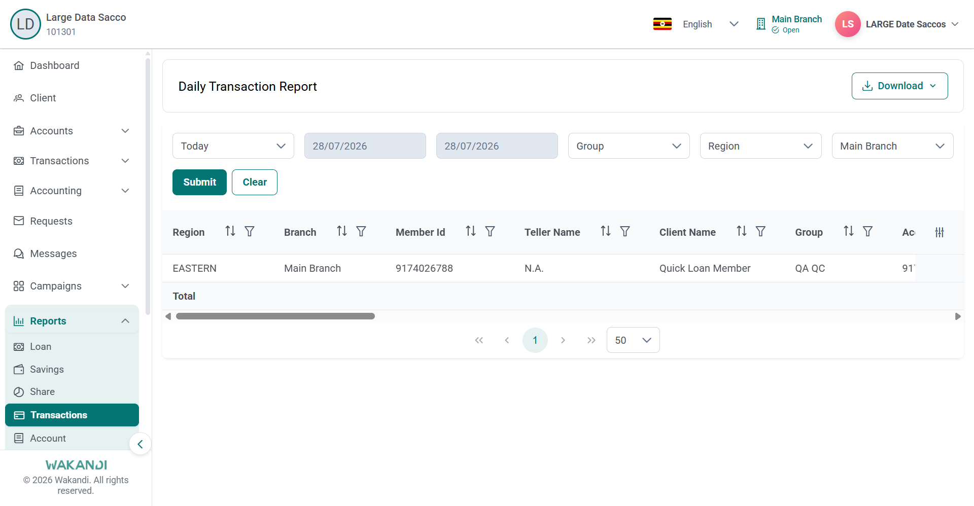 Daily Transaction Report with period, date, group, region and branch filters above Submit and Clear