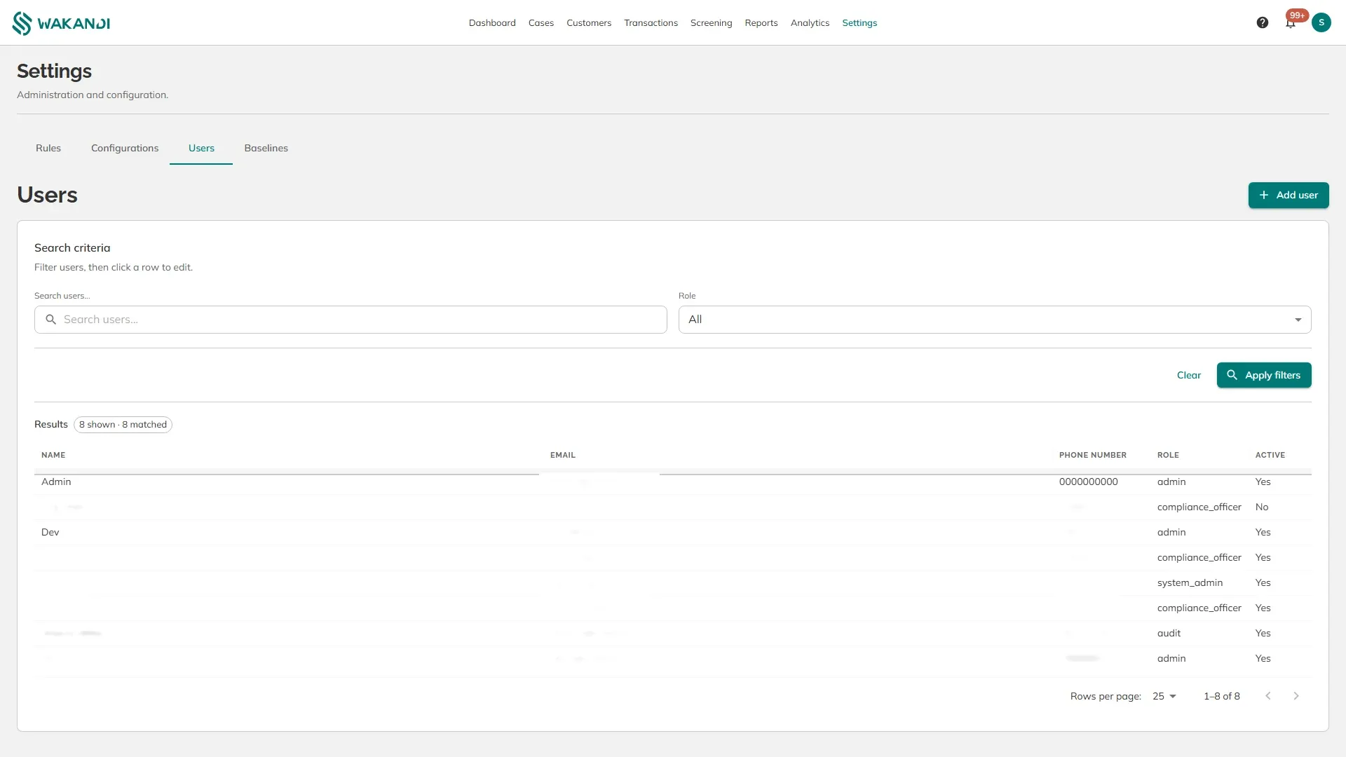 Settings, Users, listing each user with their role and whether they are active