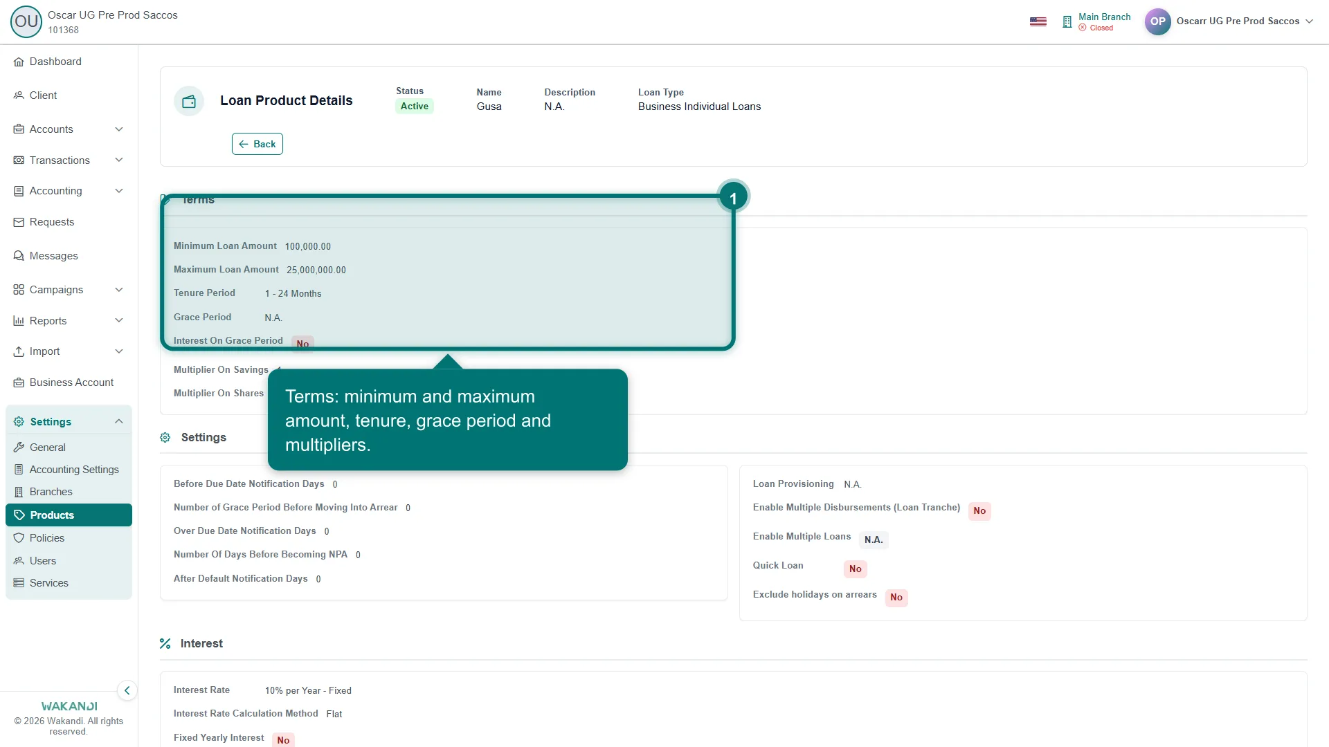 A loan product's Terms section showing the loan amount range, tenure period and grace period