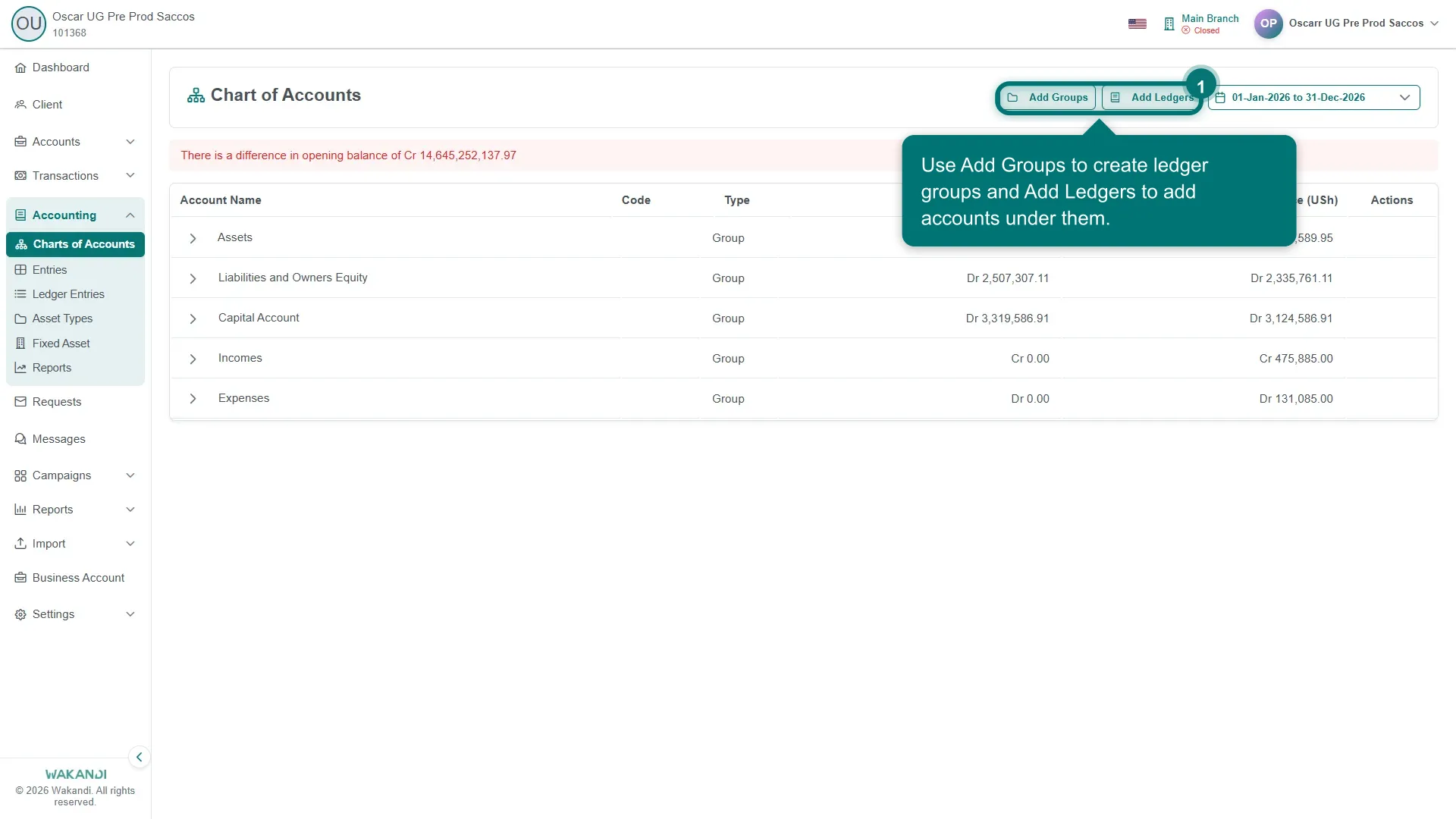 Figure 1: The Chart of Accounts screen showing the ledger groups and ledgers tree with the Add Groups and Add Ledgers buttons and the Entries, Ledger Entries and Reports tabs