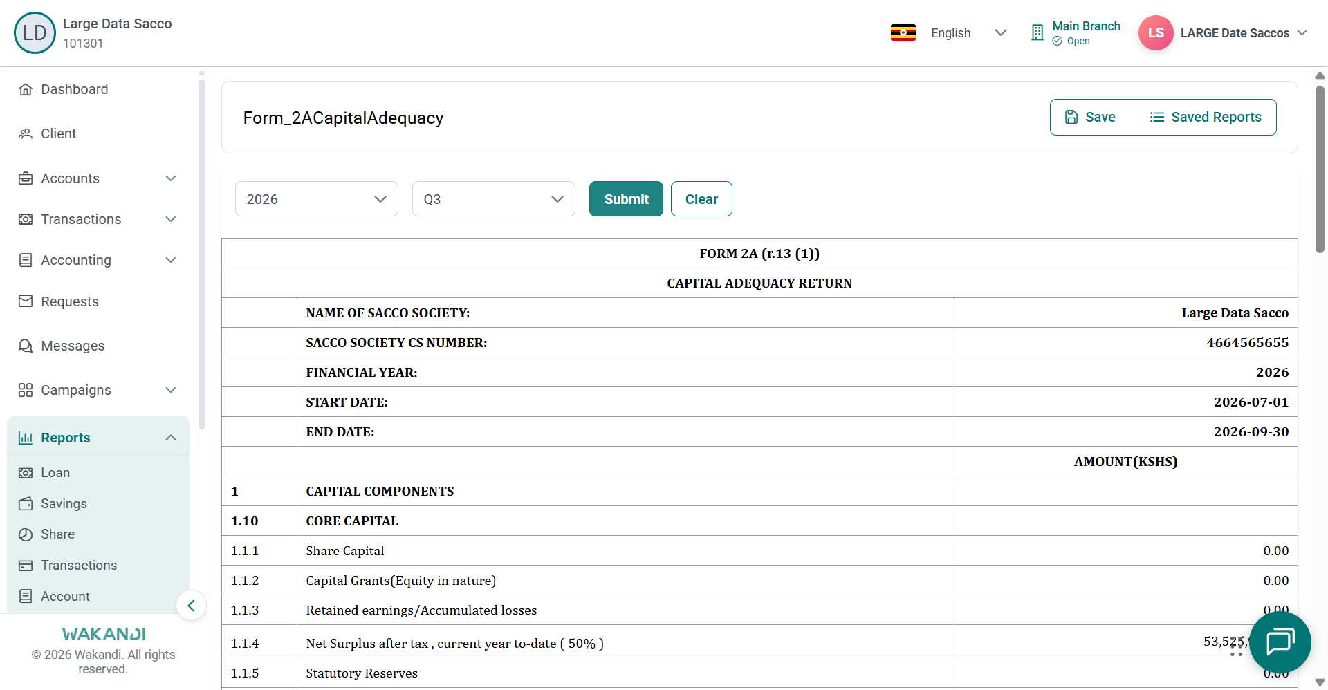 Form 2A open for 2026 Q3 showing capital adequacy return sections and calculated amounts