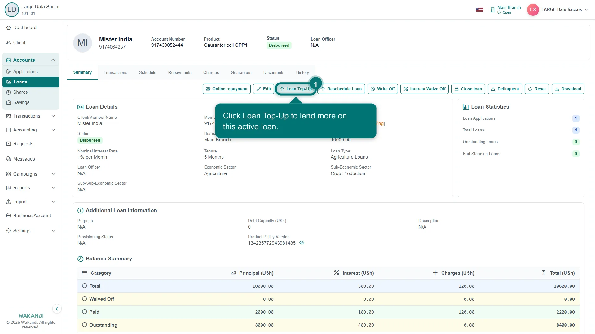 A member's loan summary with the Loan Top-Up action highlighted among the loan actions