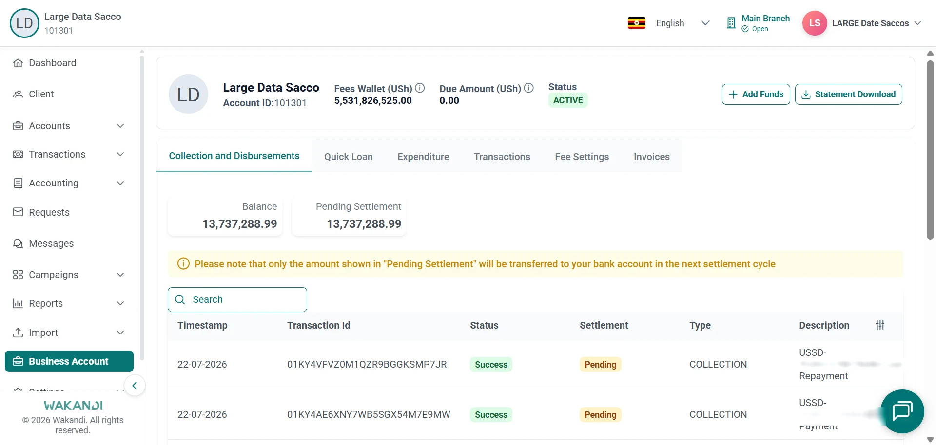 Collection and Disbursements tab with Balance and Pending Settlement cards above the settlement note and collection rows