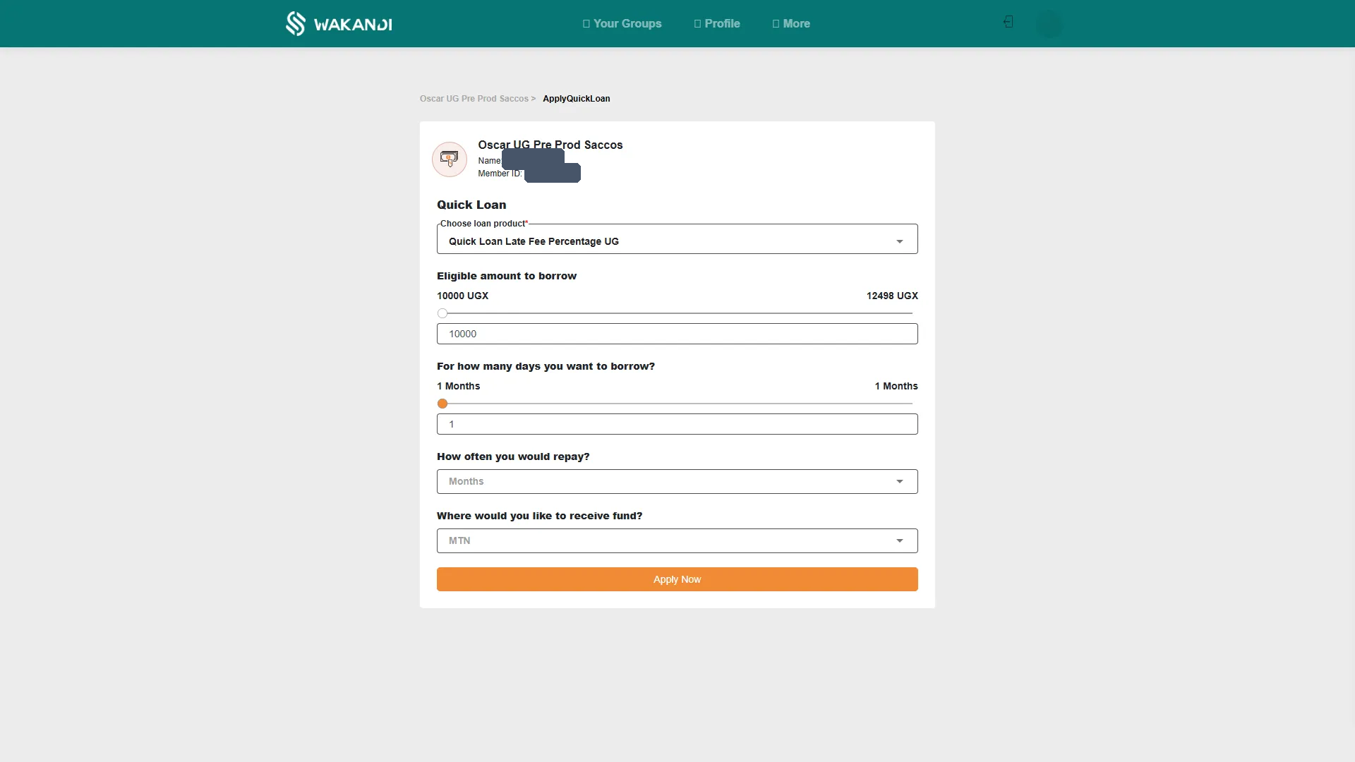 The Quick Loan form: choose a loan product, the eligible amount slider, the repayment period, where to receive the funds, and the Apply Now button
