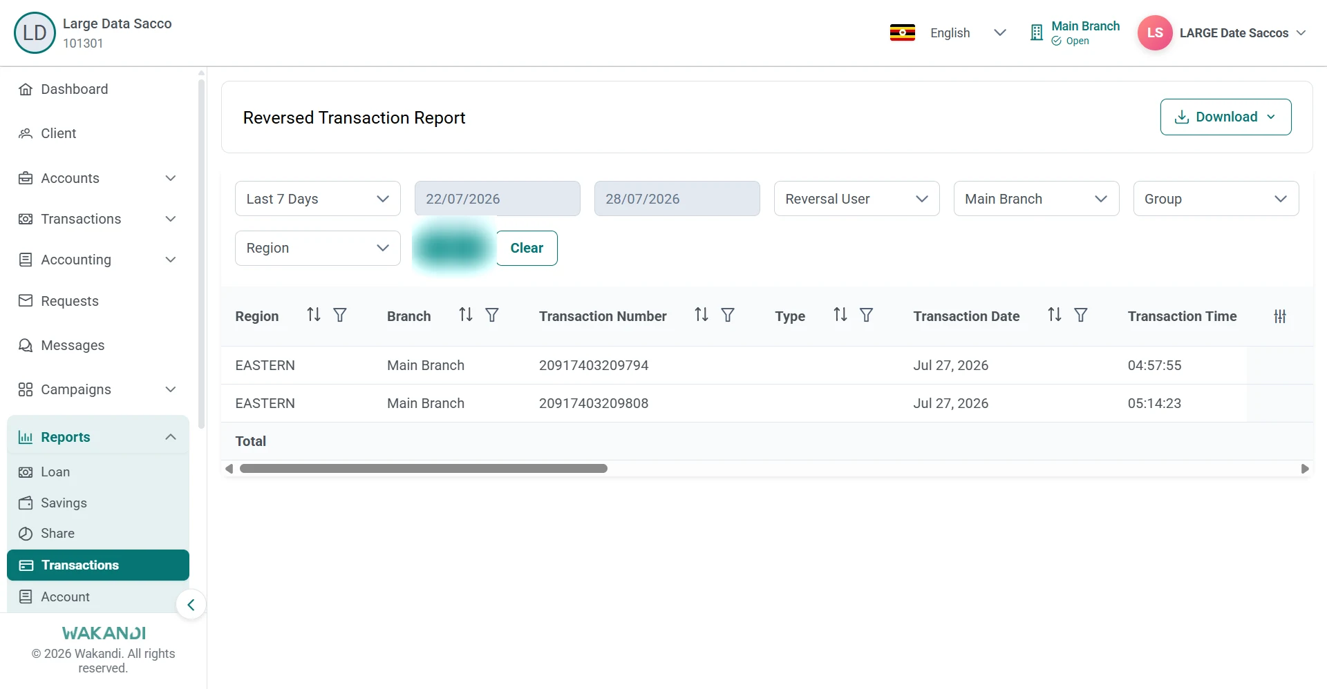 Reversed Transaction Report listing two reversed postings with date filters and a Download button