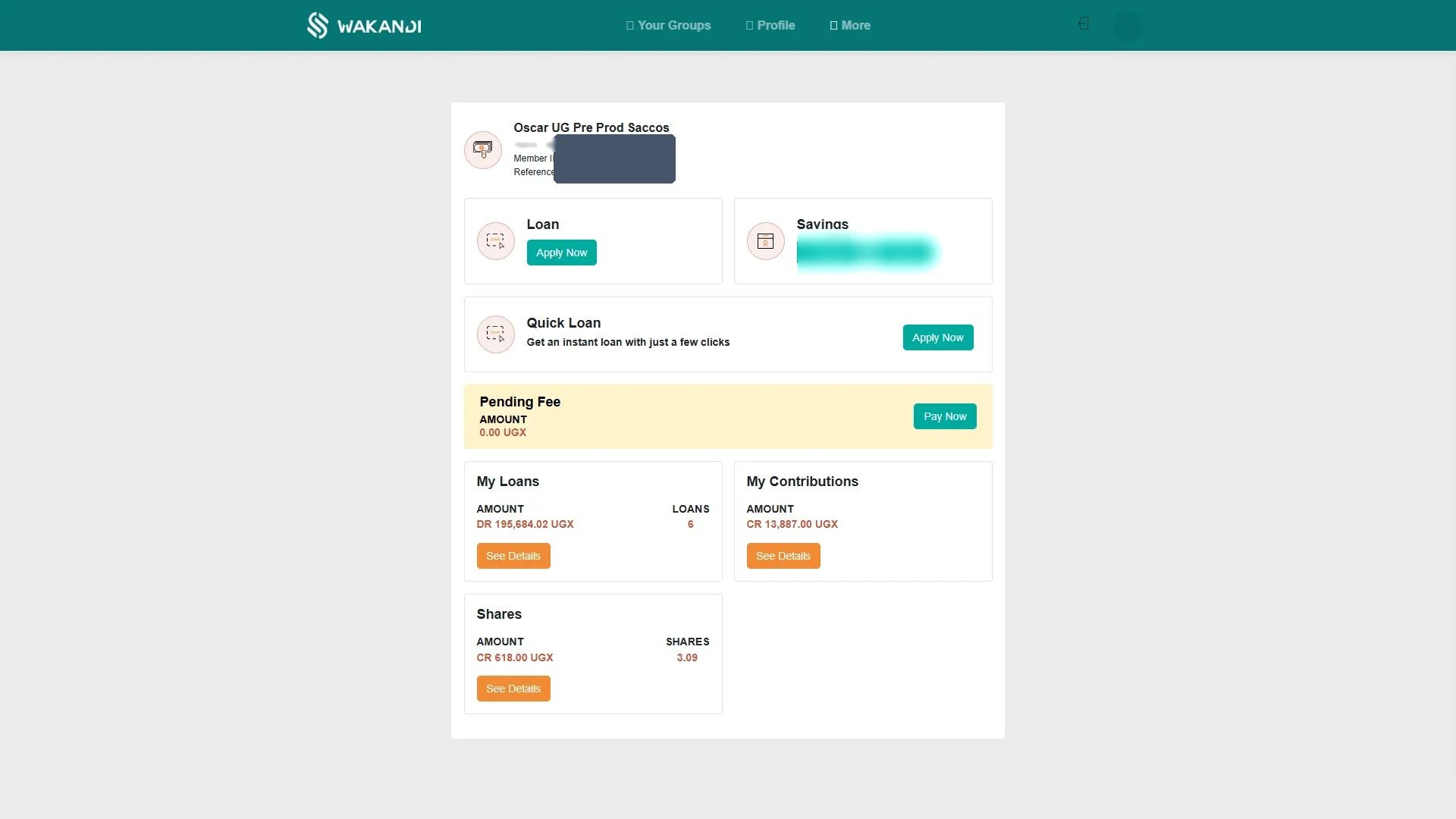 The member app dashboard: your name and Reference Number at the top, the Loan, Savings and Quick Loan action cards, and the My Loans, My Contributions and Shares balance cards below