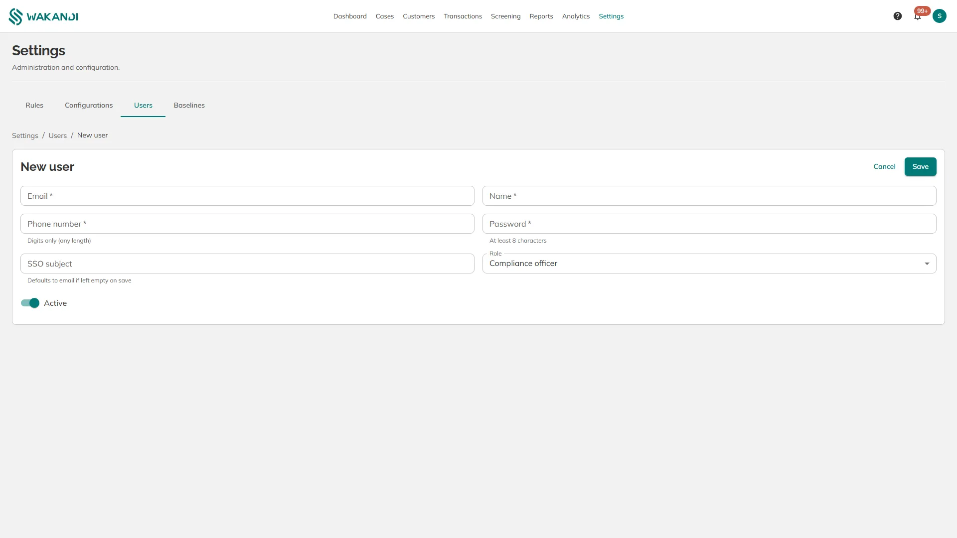 The New user form with the email, name, phone, password and role fields