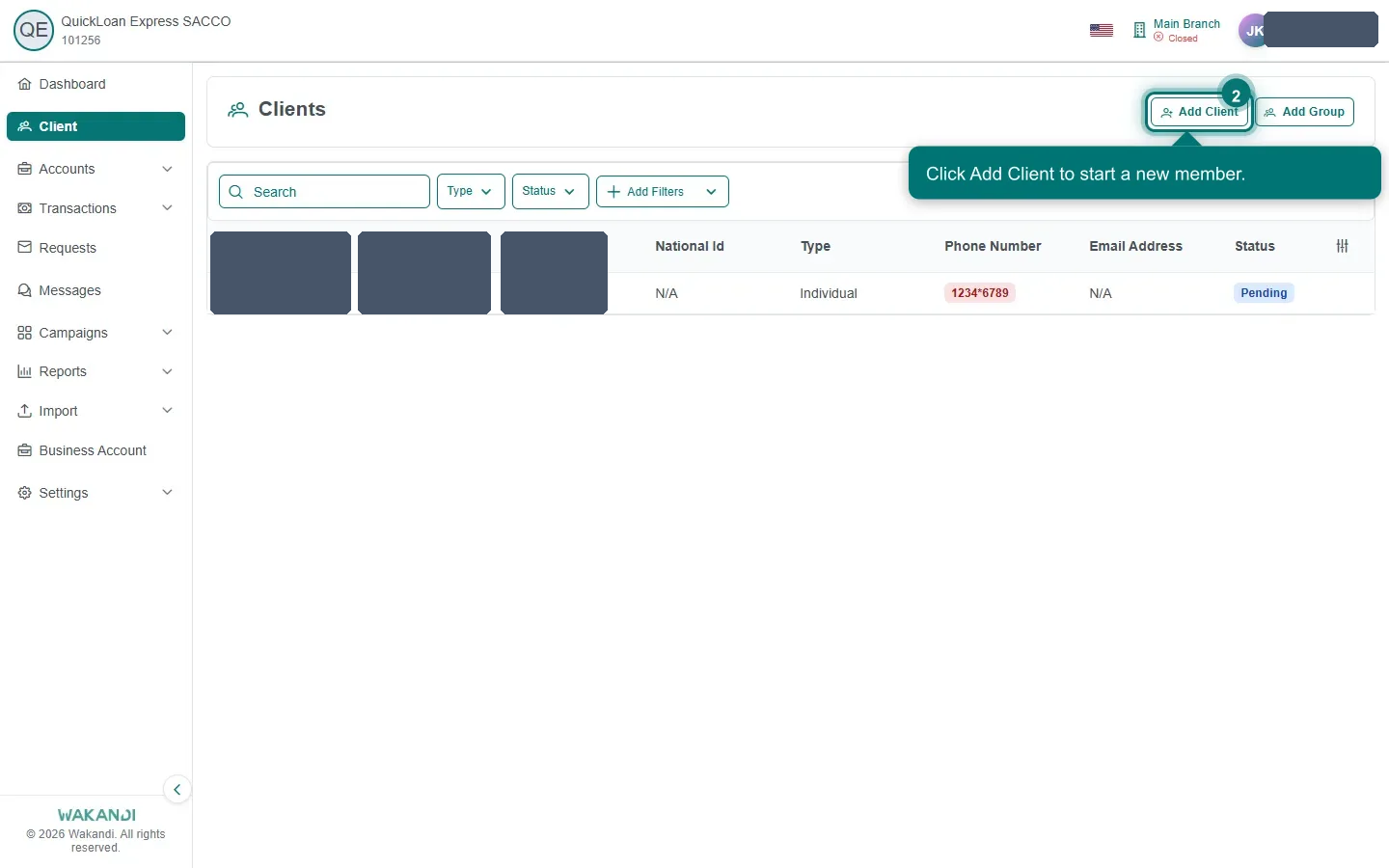 The Clients screen with the Add Client button highlighted, top right