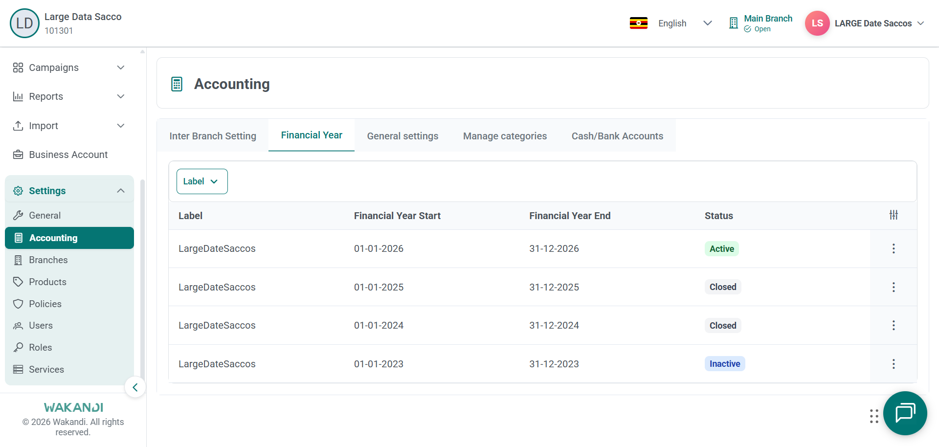 Financial Year tab under Settings Accounting listing each year with start date, end date and status
