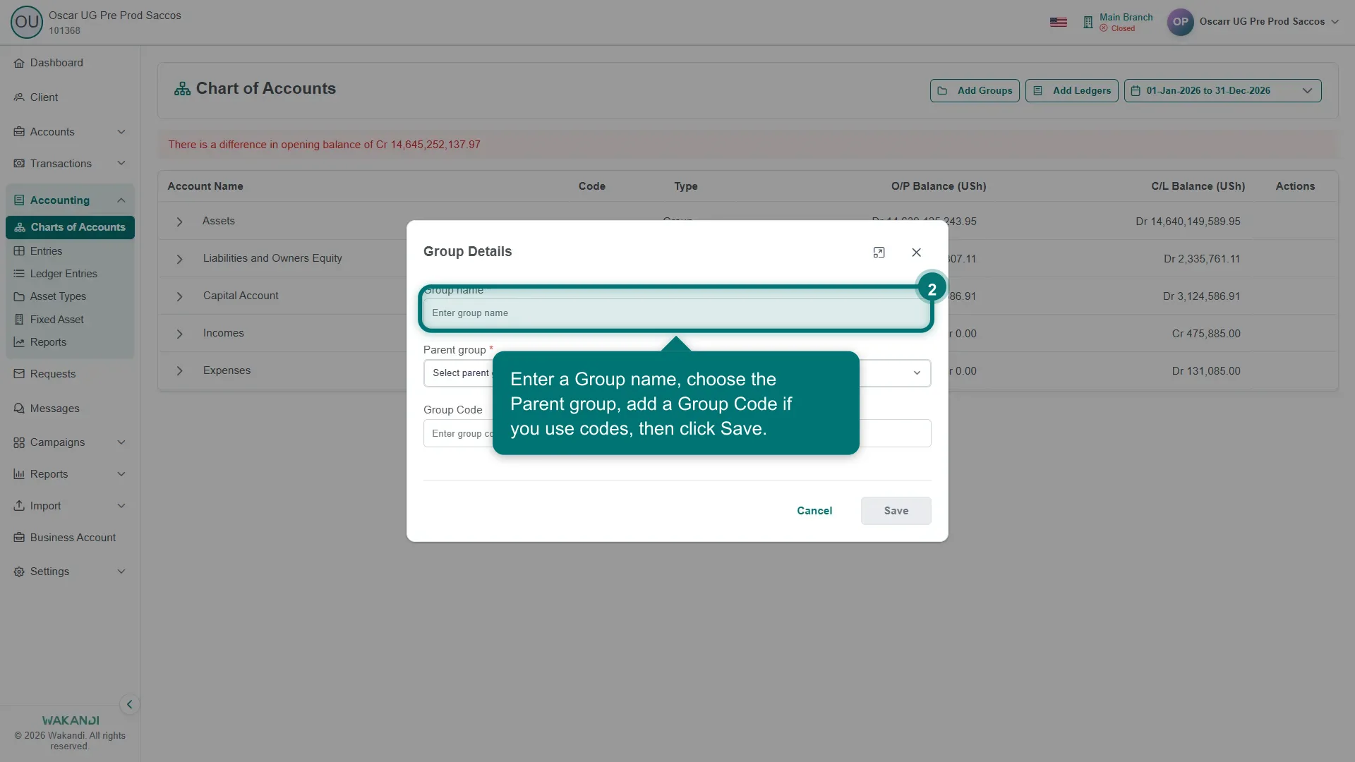 Figure 2: The Add Group form with the Group name field, Select parent group dropdown, and Group Code field