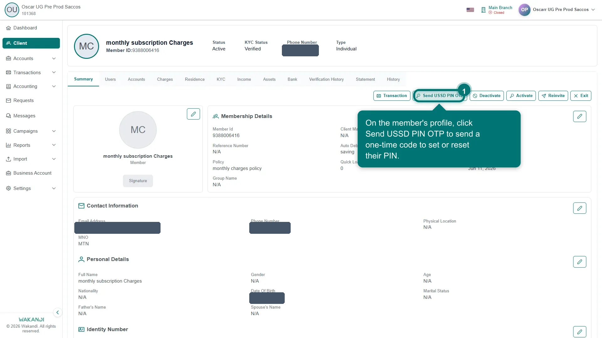 Figure 1: A member profile showing the Send USSD PIN OTP action used to set or reset the member's transaction security PIN