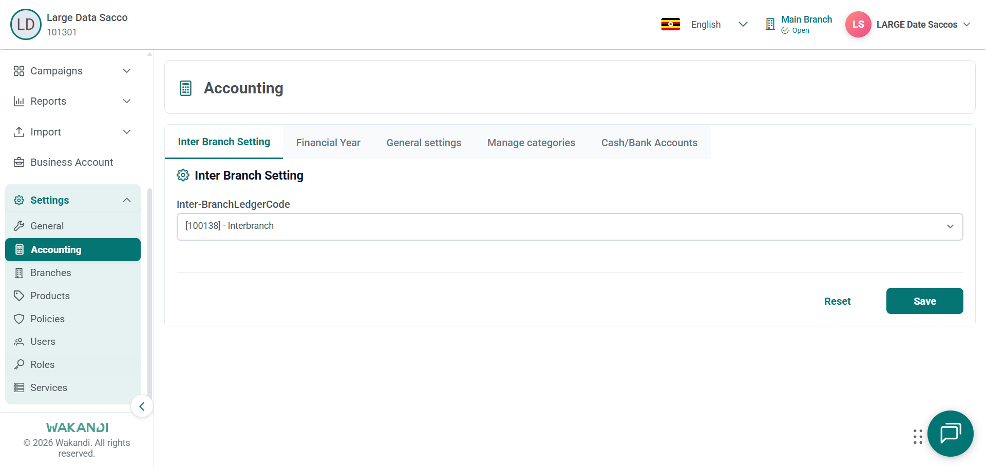 The Accounting settings page open on Inter Branch Setting, with Accounting selected in Settings and the Financial Year tab visible