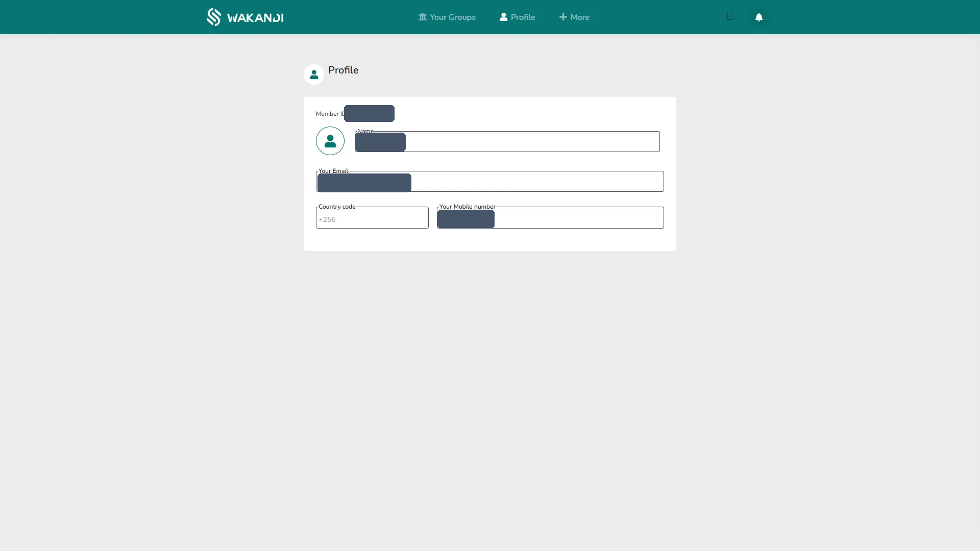 The Profile screen showing your Member ID, name, email, country code and mobile number