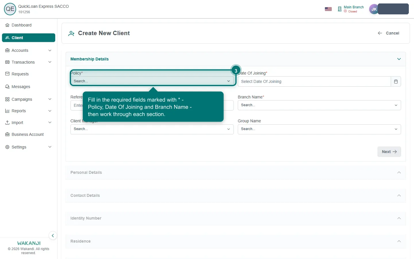 The Create New Client form showing the Membership Details, Personal Details, Contact Details and other sections