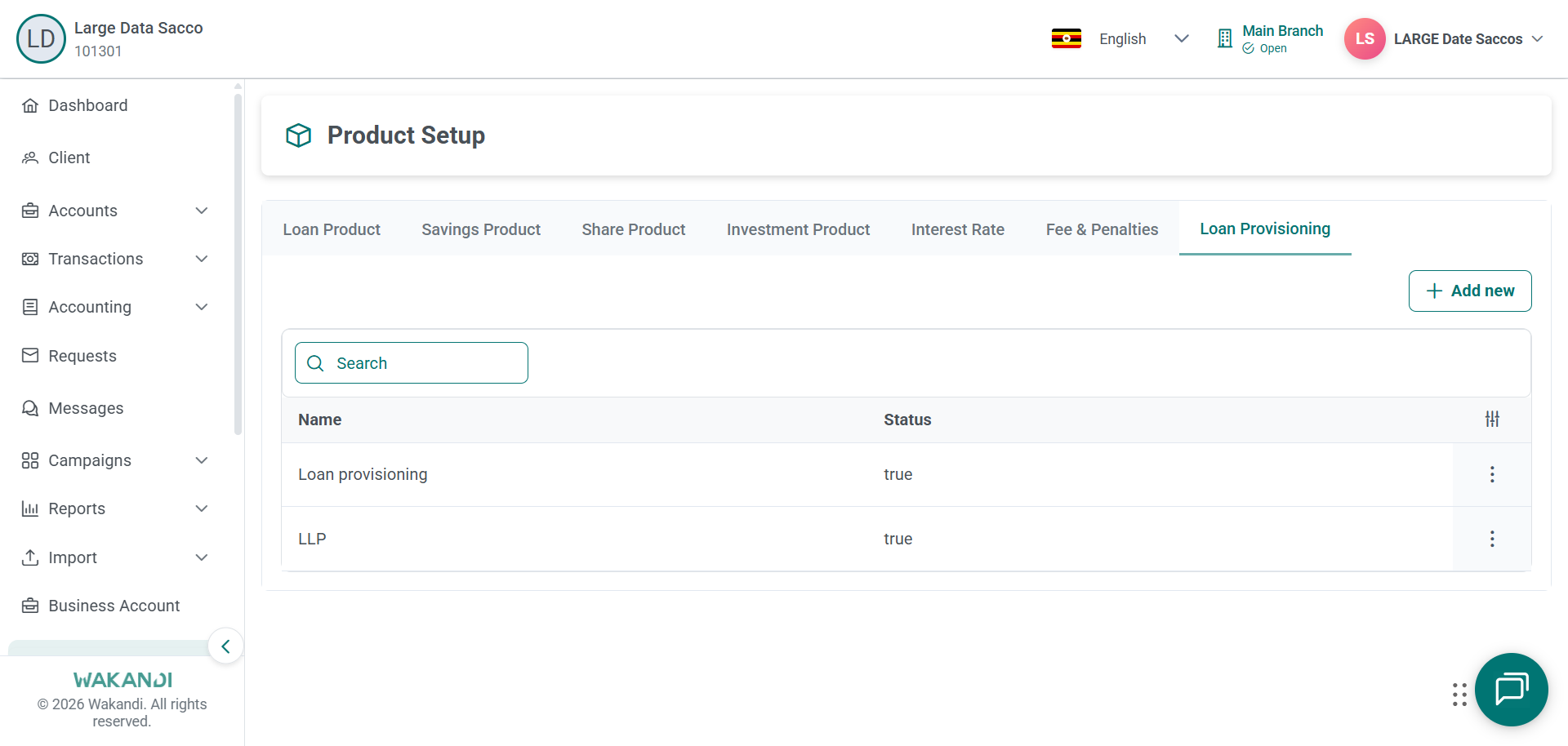 Product Setup open on the Loan Provisioning tab, listing existing criteria with an Add new button