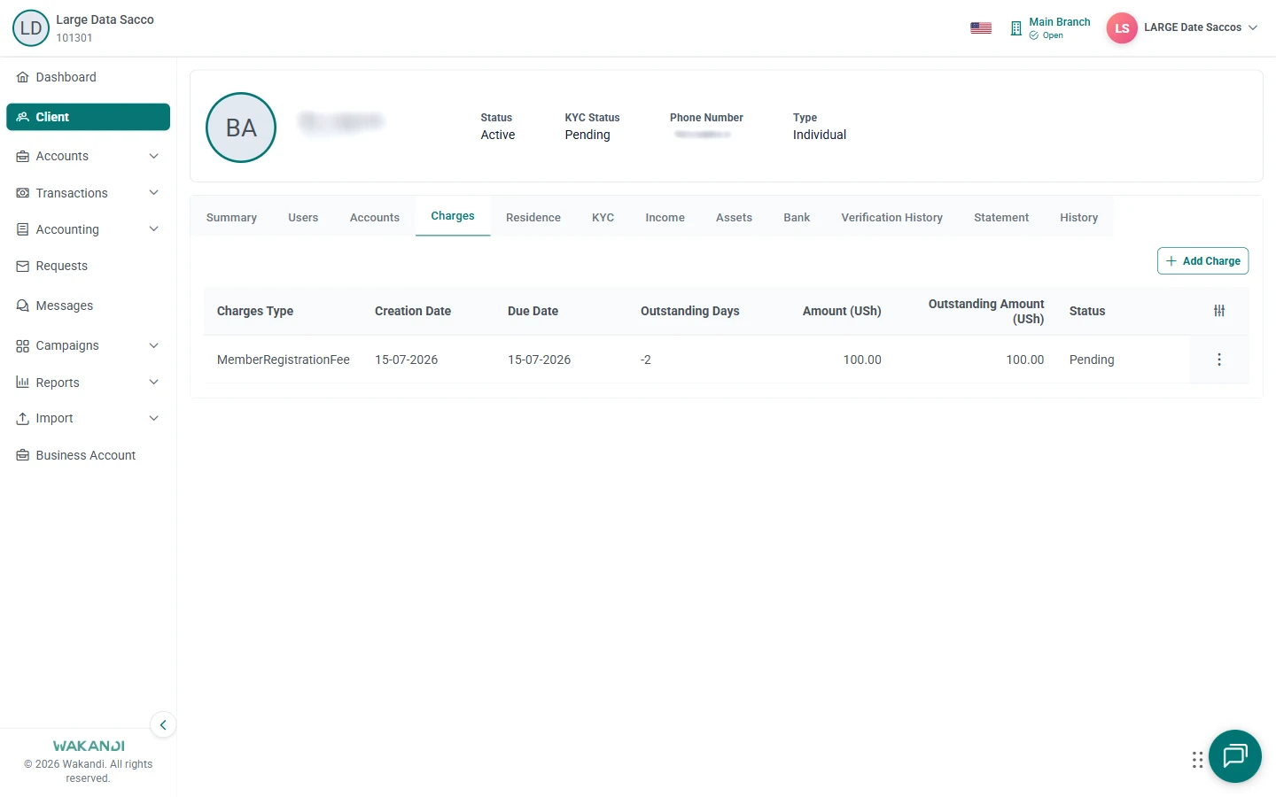 Member Charges tab with a registration fee row showing due date, amounts, Pending status and Add Charge