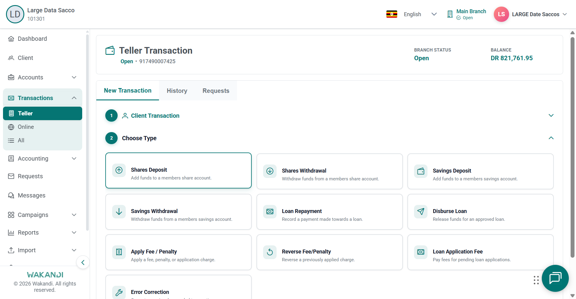 Client Transaction Choose Type cards, with Error Correction listed below Apply Fee and Reverse Fee/Penalty