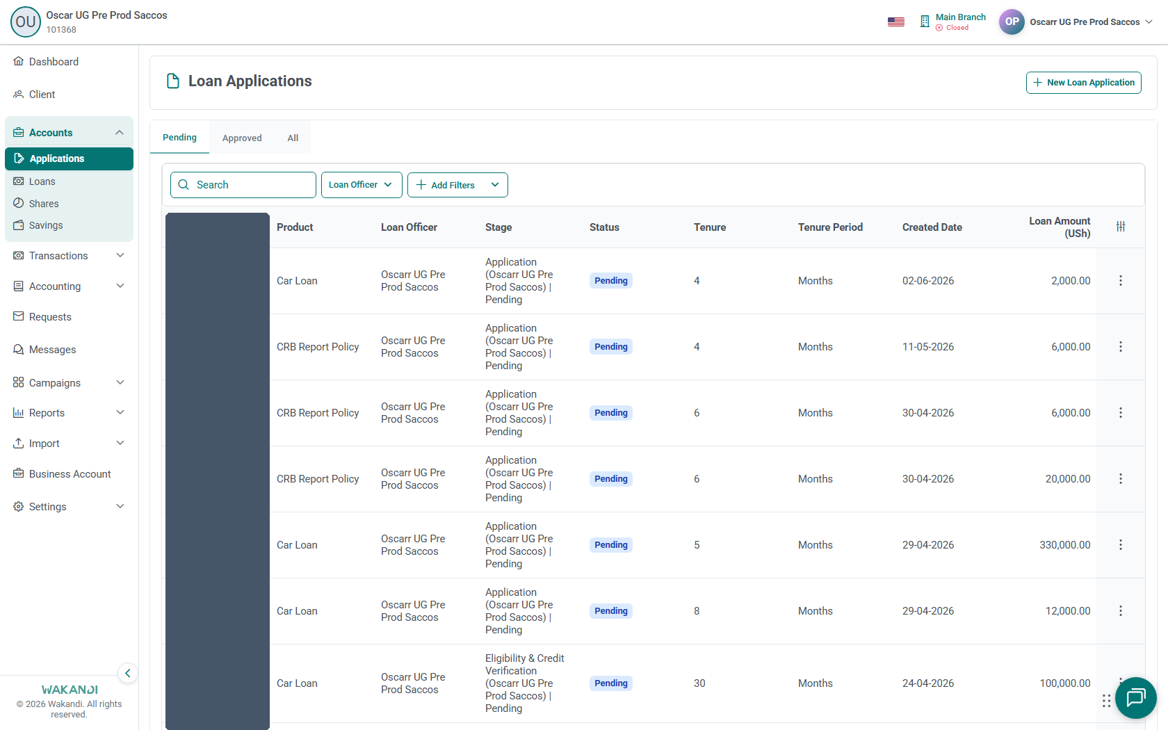 The Loan Applications queue showing the stage and status of each pending application