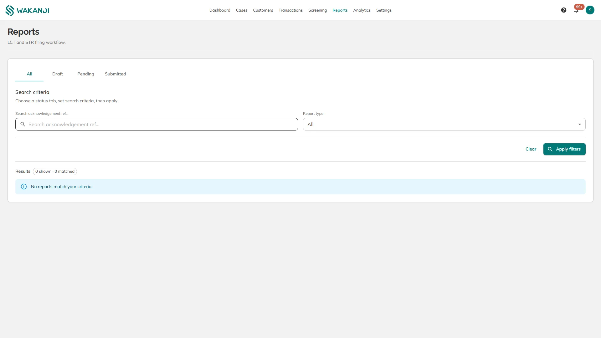 The Reports screen with the filing status tabs above the search criteria