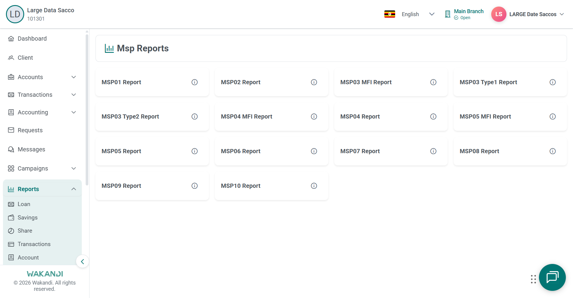 Msp Reports hub showing MSP01 to MSP10 cards alongside the MFI, Type1 and Type2 variants