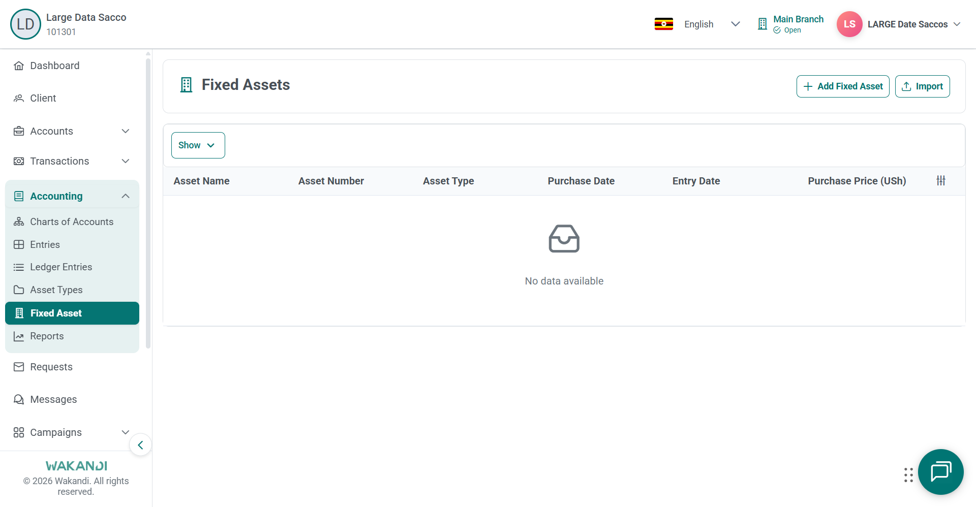 Fixed Assets page under Accounting with Add Fixed Asset and Import buttons above the asset list