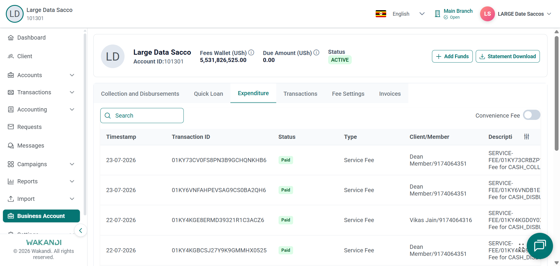 Expenditure tab listing paid service fee charges per member, with the Convenience Fee toggle switched off