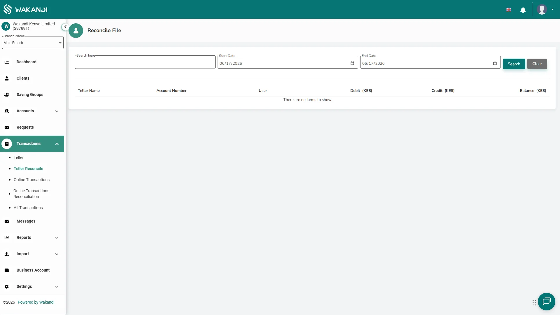 The Teller Reconcile (Reconcile File) report: search by date range to see each teller's Debit, Credit and closing Balance