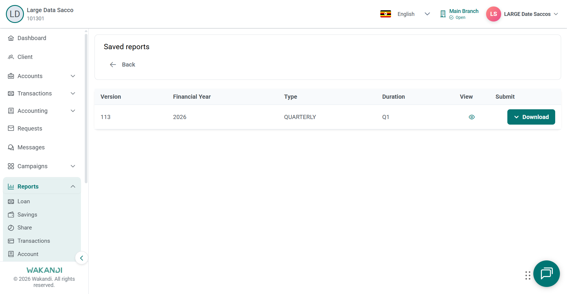 Saved reports list showing a stored version with financial year, quarterly type and duration