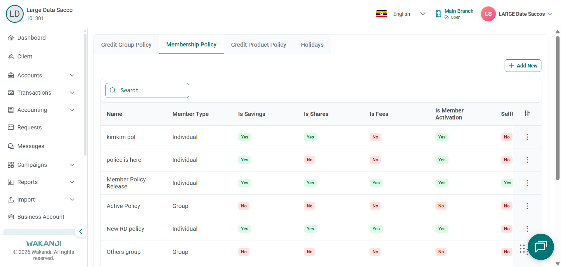 Policies page on the Membership Policy tab listing policies with member type, savings, shares and fees
