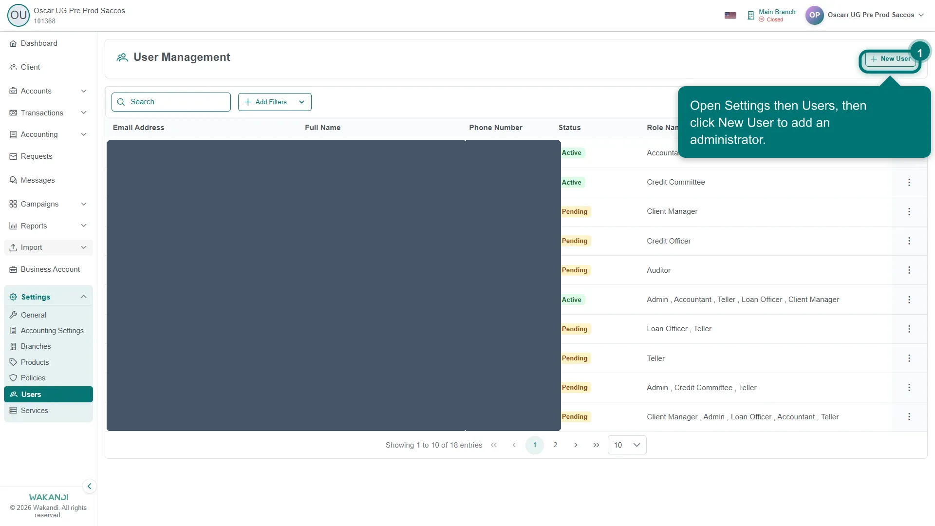 Figure 1: The User Management screen listing administrators with their Email Address, Full Name, Phone Number, Status and Role Name, and the New User button
