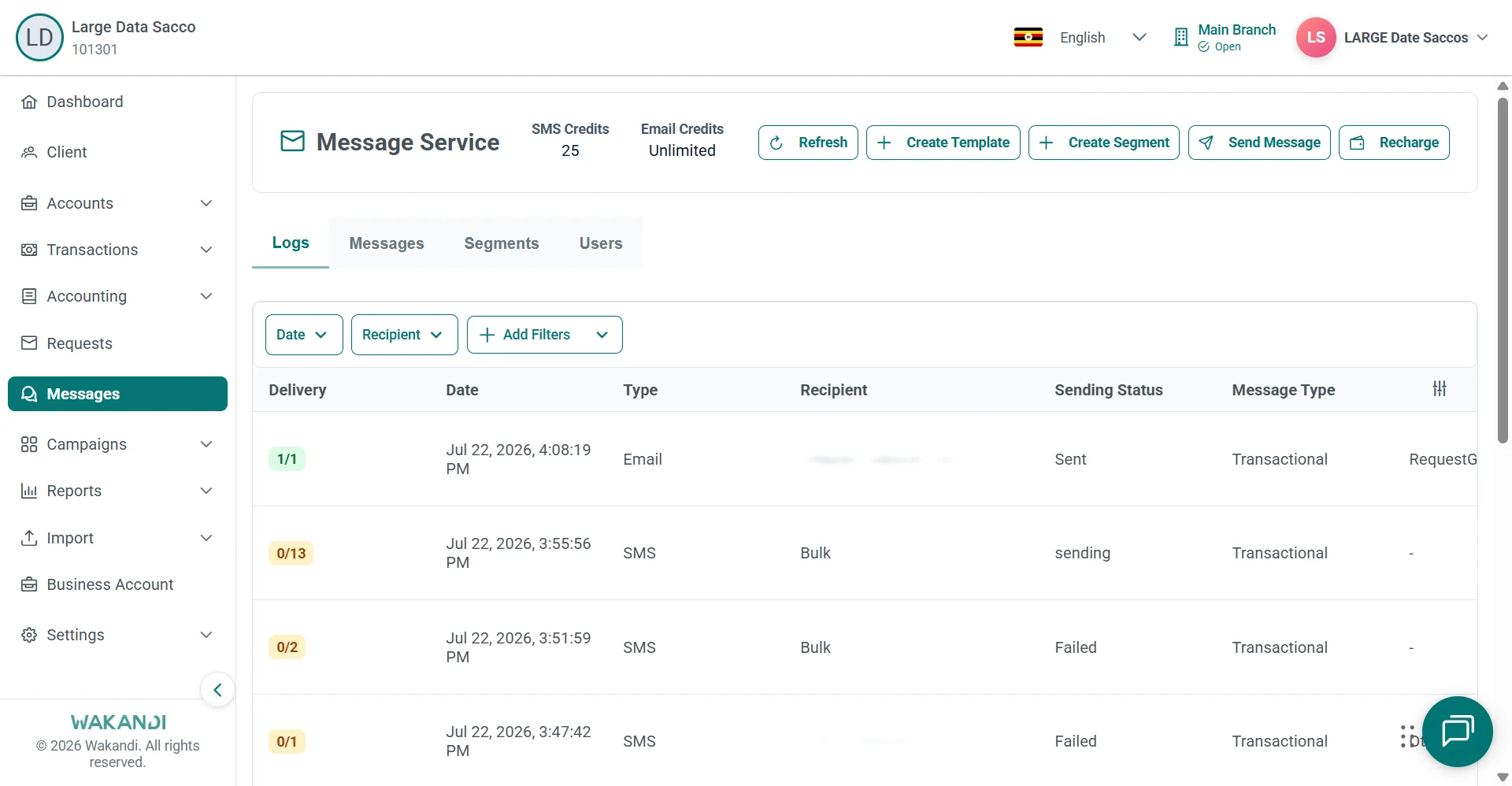Message Service on the Logs tab with SMS credits, filters and per-batch delivery counts
