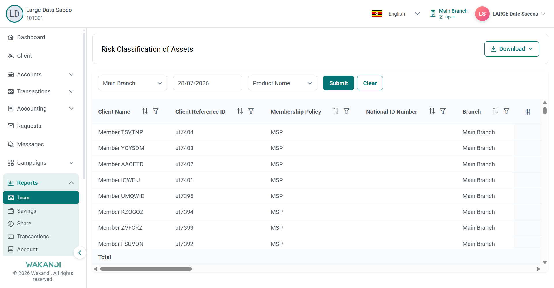 Risk Classification of Assets report with branch, date and product filters above loaded result rows