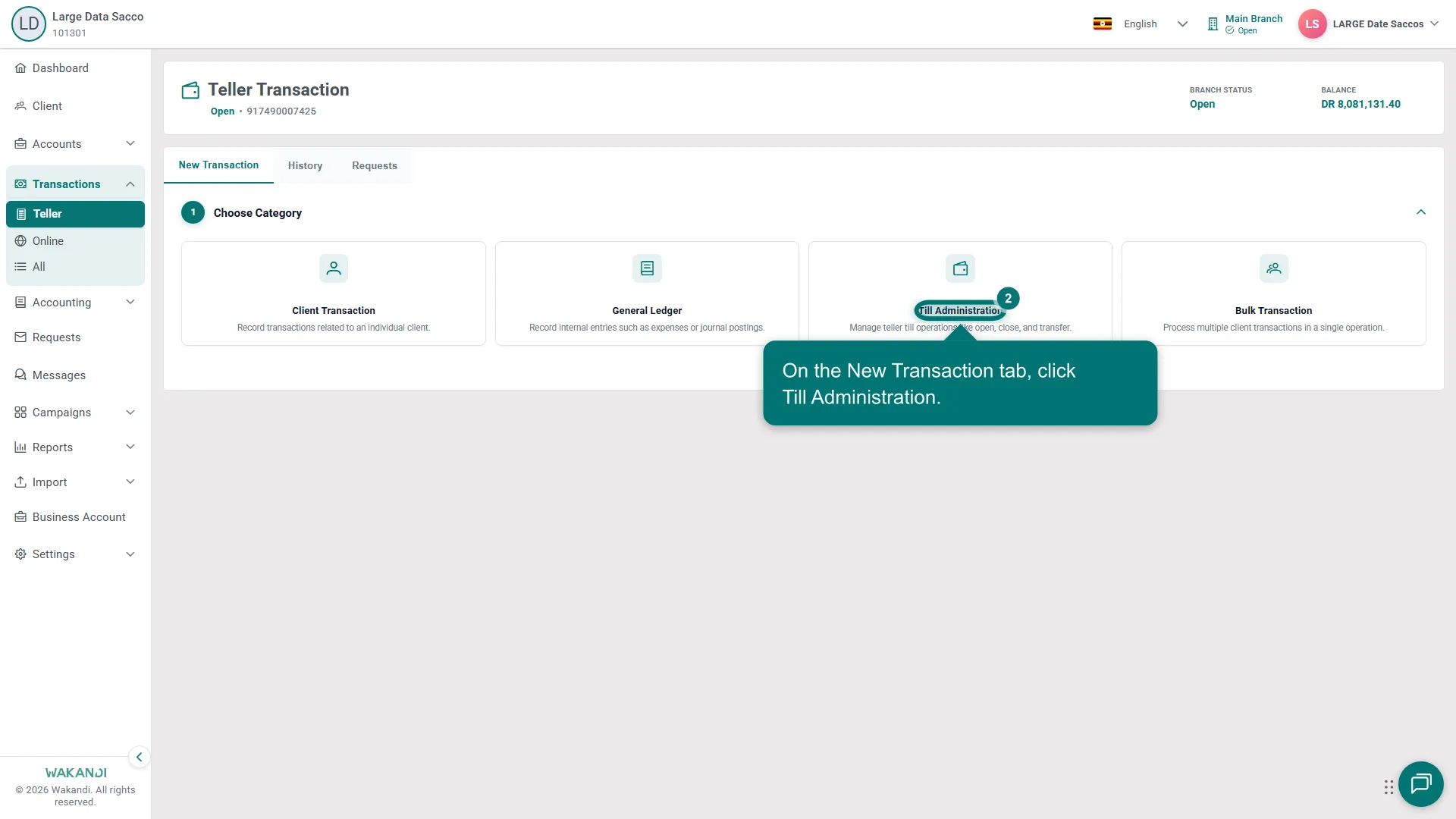 The Choose Category cards on the Teller Transaction screen, with Till Administration highlighted