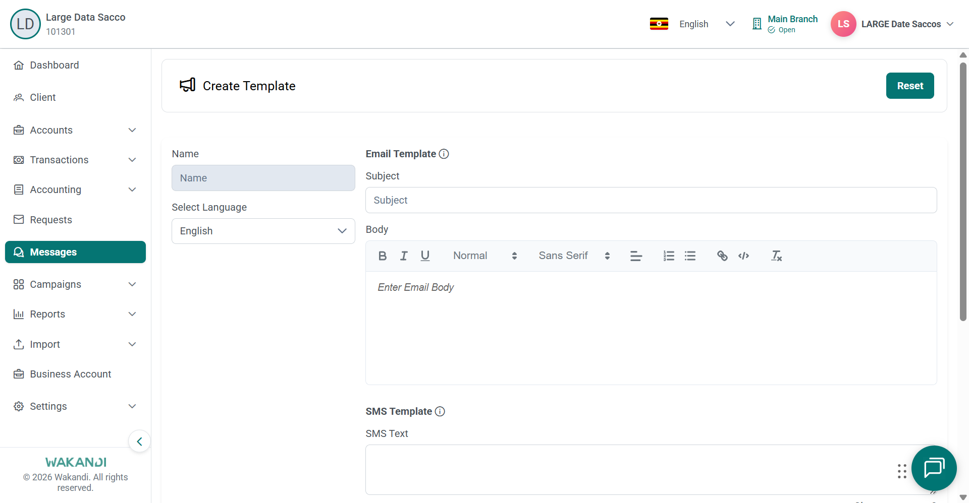 Blank Create Template form with Name, Select Language, email subject and body, and SMS text