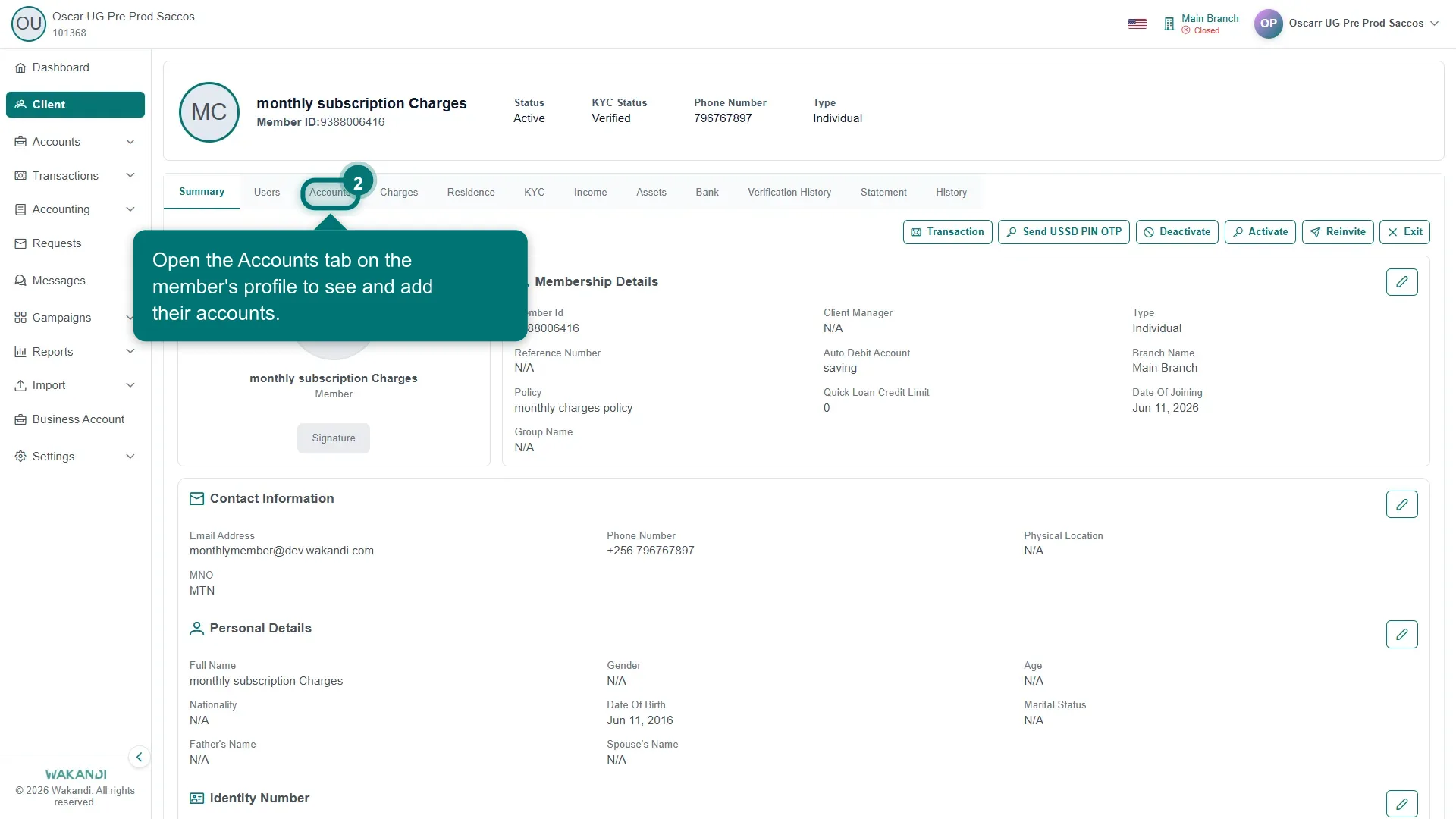 Figure 2: A member profile showing the tab bar (Summary, Accounts, Charges, Residence, KYC, Income, Assets, Bank)