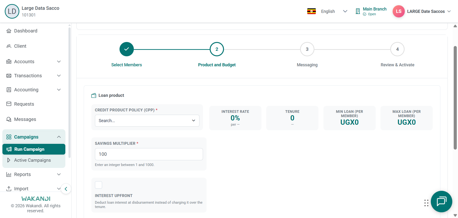 Product and Budget step showing the Credit Product Policy search, read-only loan detail tiles and Savings Multiplier