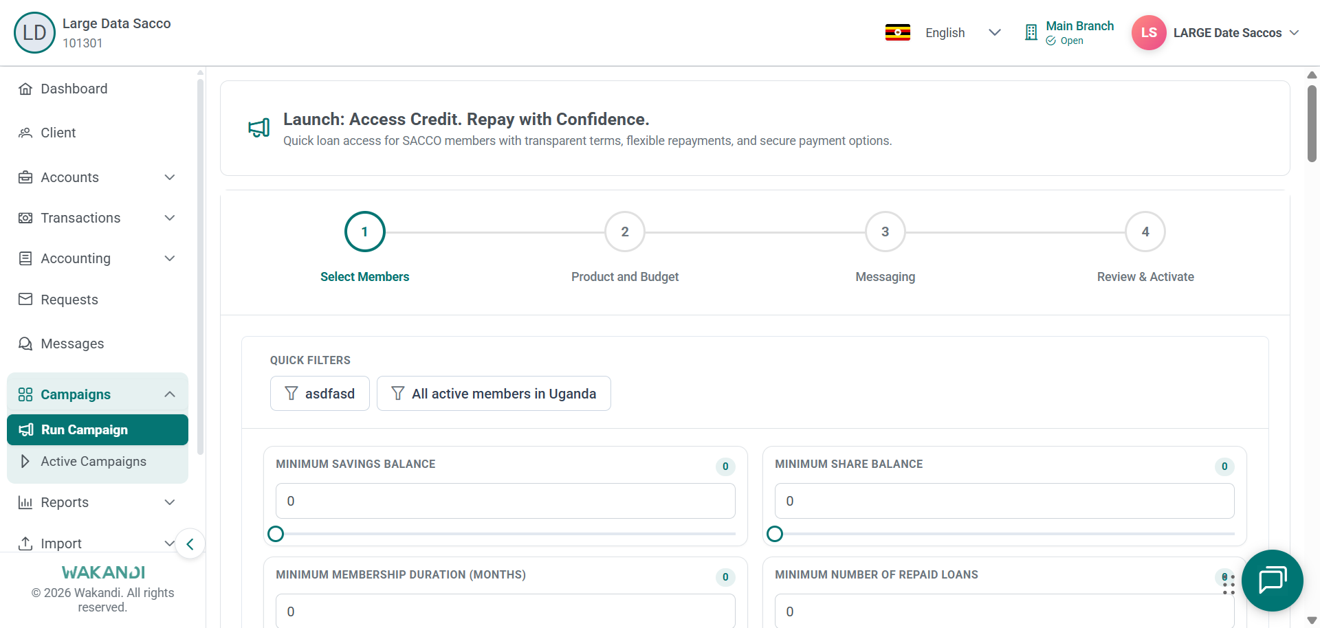Launch wizard open on Select Members, showing the four-step stepper and member quick filters